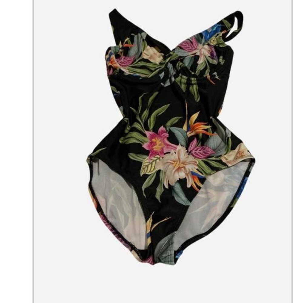 Multi-colored‎ floral one-piece swimsuit w/ adjustable straps & high-waisted fit